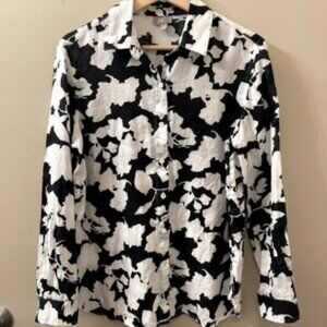 J Jill 100% linen black and white floral print button down shirt size XS artsy